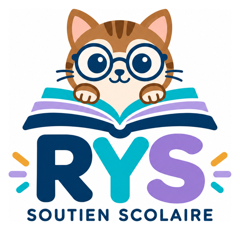 Logo RYS Soutien scolaire : un chaton à lunettes plongé dans un livre ouvert